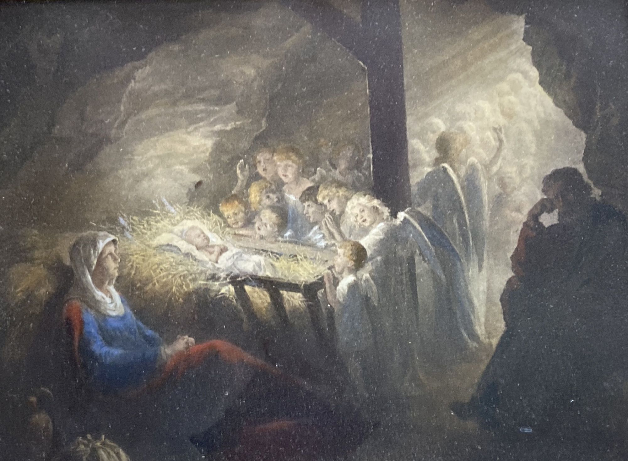 A Victorian hand coloured lithograph of The Adoration, housed in an ornate gilt gesso frame, 18 x 23.5cm, overall 37 x 43cm